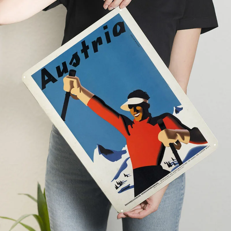 ملصق سفر عتيق علامات معدنية ملصق تزلج ديكور في ديكورات المنزل علامة صفيح مخصصة لغرفة تزيين جدار الفن