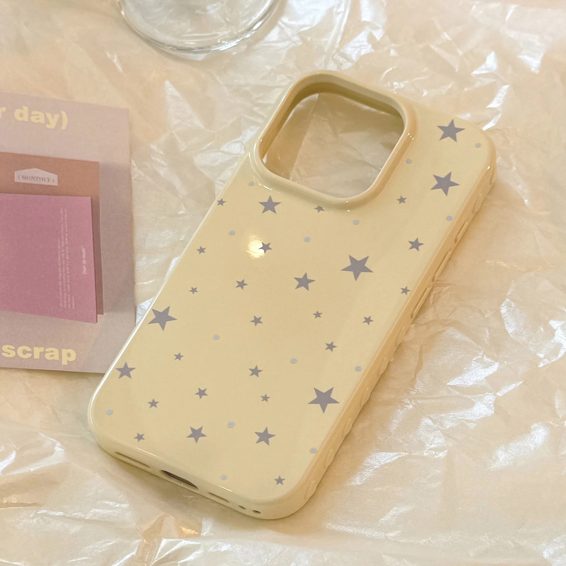 Мягкий чехол для телефона в корейском стиле с желтым полноэкранным серым звездами для iPhone 17, 16, 15, 14, 13, 12, Pro Max, противоударный защитный чехол ﻿