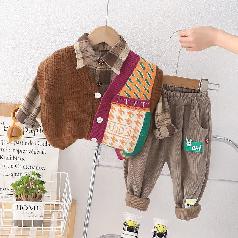 

Childrens Sweat Set Korean Baby Boy Clothes 6M-5T Cartoon Knitted Vest + Plaid Shirts + Pants 3PCS Kids Boys Outfit Set