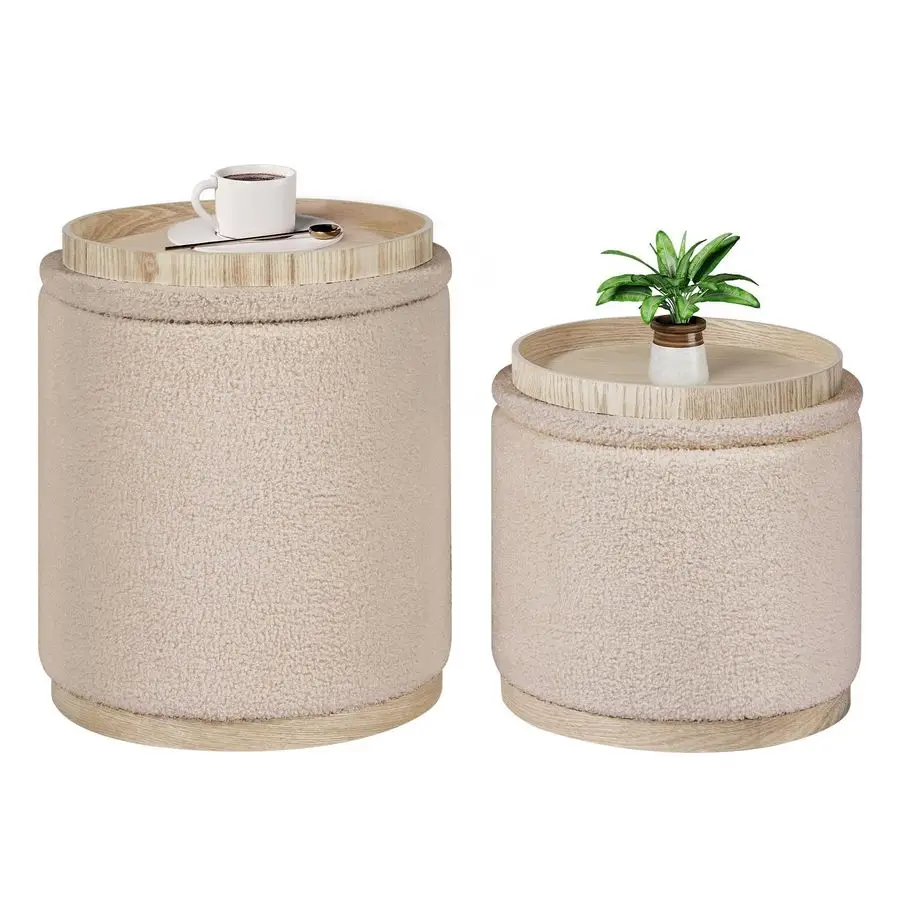 Storage Ottoman Round Boucle Ottomans with Tray, Set of 2 Teddy Foot Rest Ottoman Cube with Storage for Living Room , Apricot 15