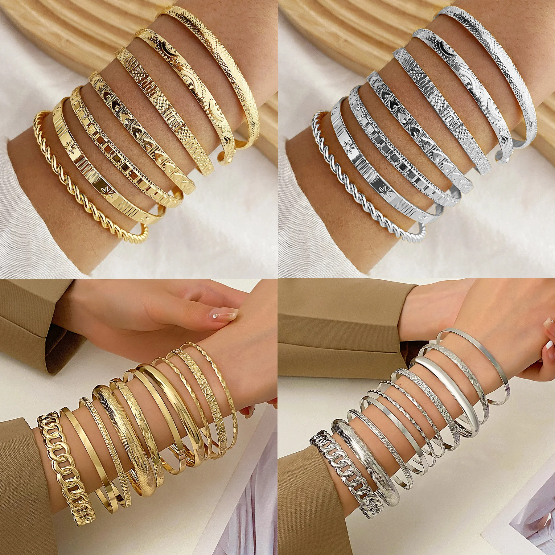 Women's Hammered Texture Bangle Set - Arrow, Diamond Pattern, Star of David, Twisted Open Bangles, Vintage Wide-Face