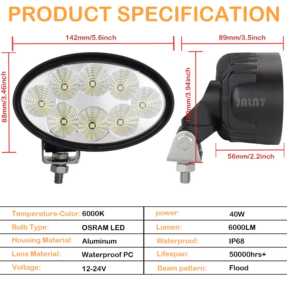 JALN7 5.6 Inch Oval LED Tractor Work Light 40W 12-24V Flood Beam Tractor for Deere Clear Agriculture Construction