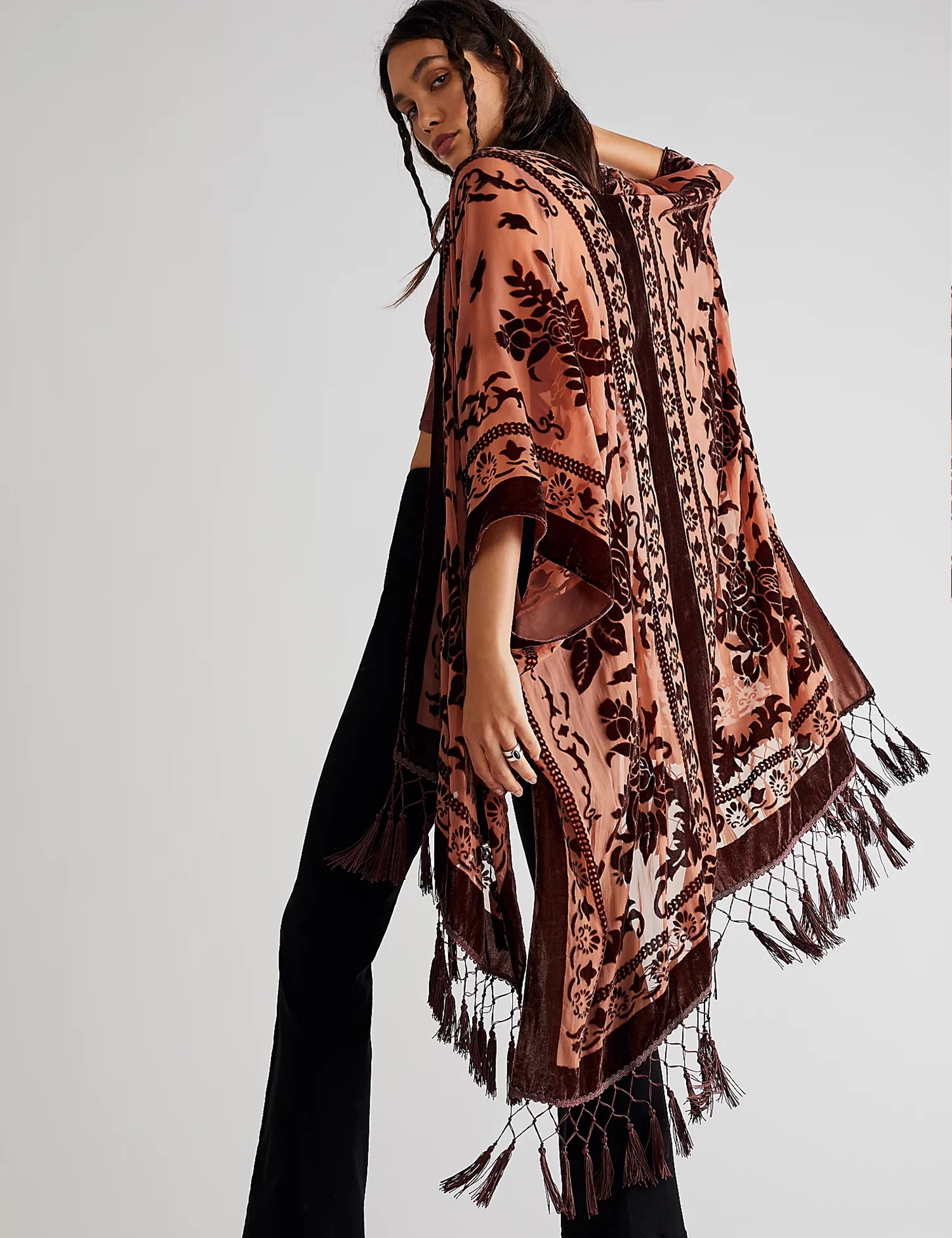 WeHello-Bohemian Style Kimono, Purple Velvet Tassel Shawl, Casual and Versatile for Women on Vacation JYPF-52