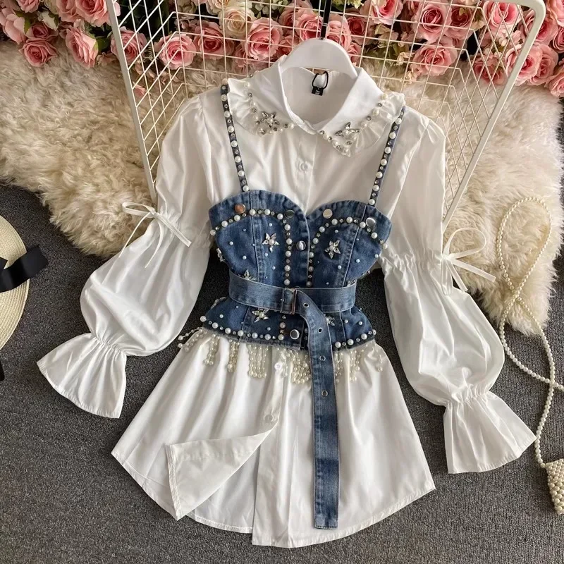 2025 New High Quality Fashion Shirt Dress Chic Two Piece Set Women Lapel Diamond Pearl White Loose Blouse +Denim Belt Vest Suits