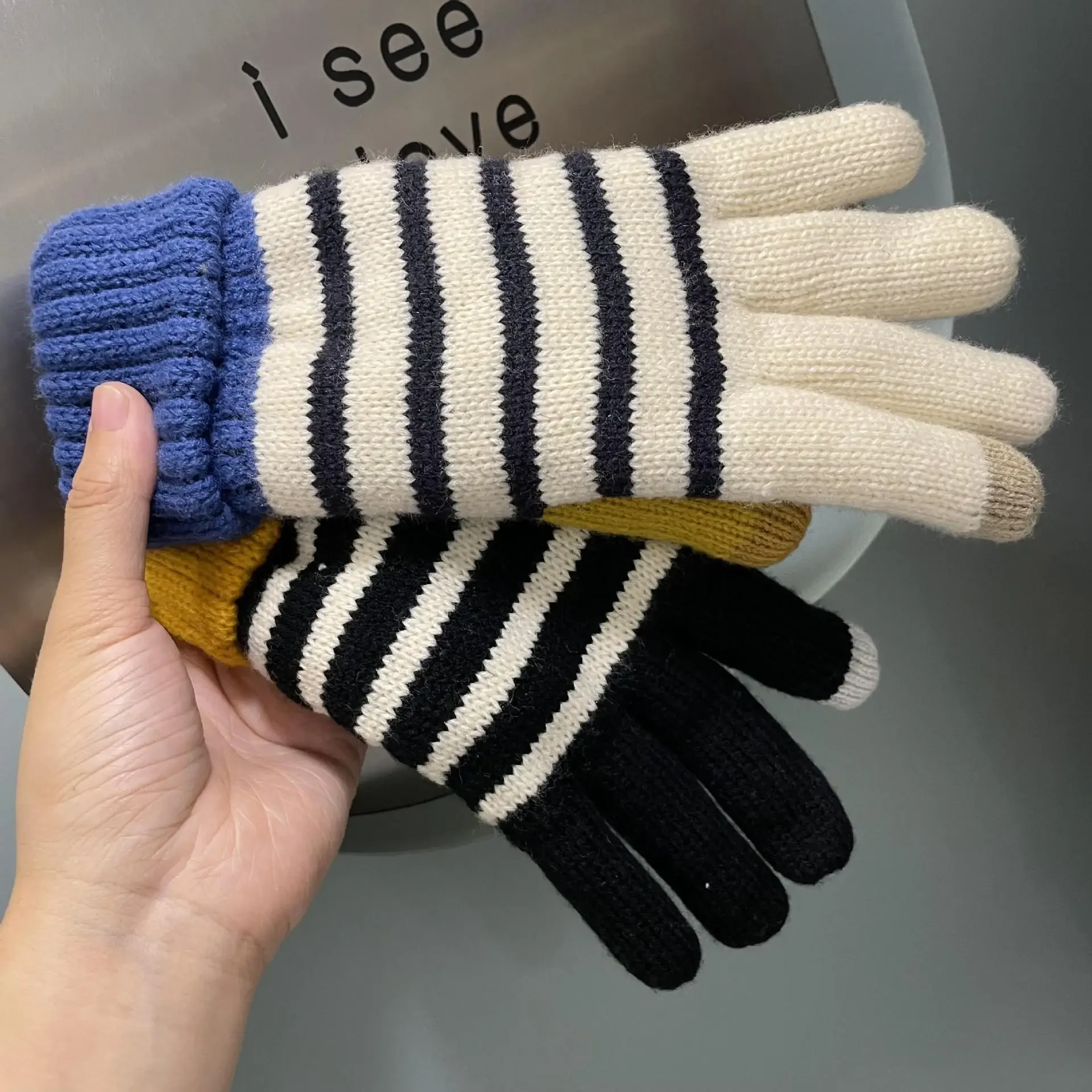 Gloves Women's winter warm couple cute wool striped touch screen cold proof plus fleece thickened student ins gloves