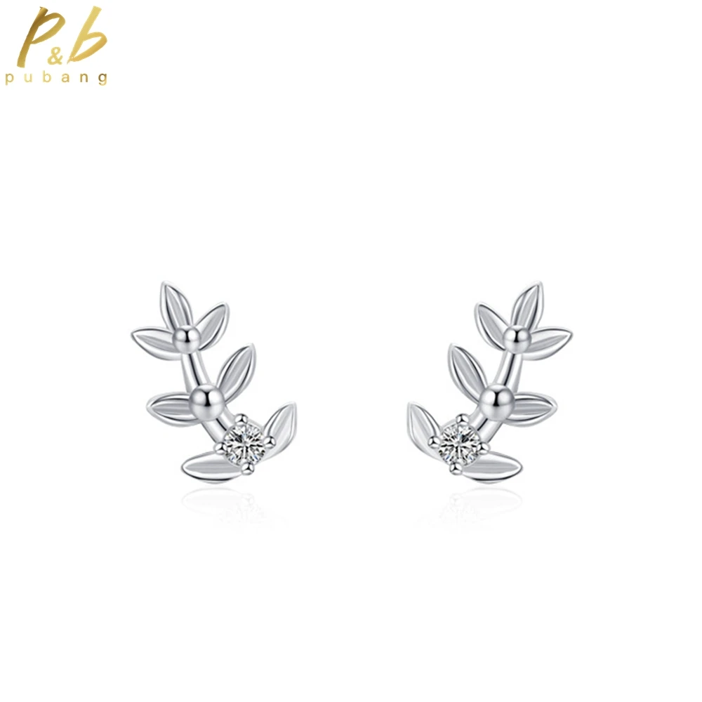 

PuBang Fine Jewelry 925 Sterling Silver High Carbon Diamond Leaves Stud Earrings for Women Engagement Wedding Gift Drop Shipping