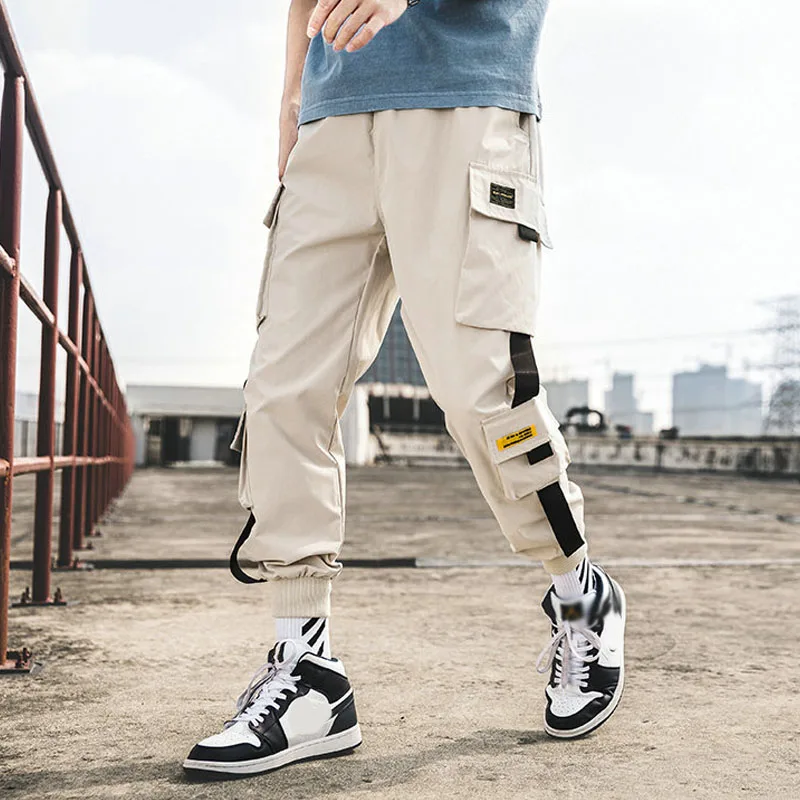 Hip Hop Men's Cargo Cropped Pants Ribbon Korea Sweatpants Sportswear High Flexible Jogging Pants Jogger Men Bottoms For Women