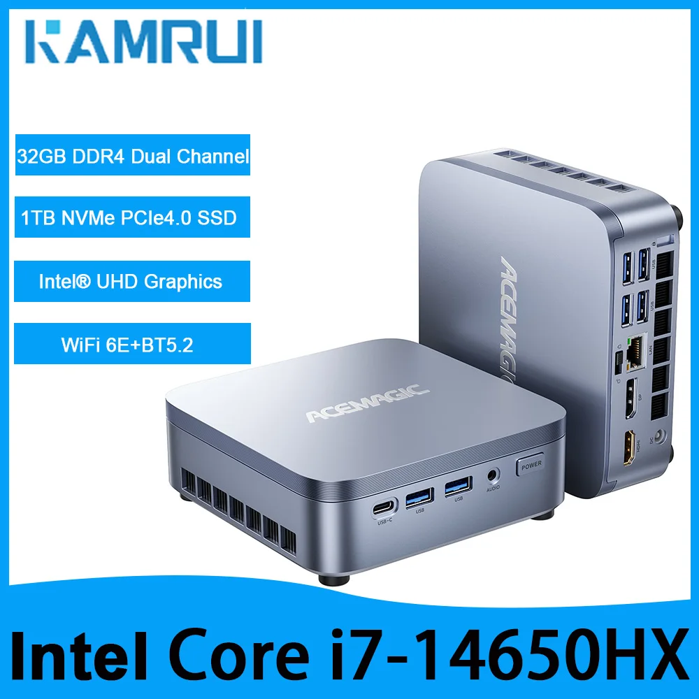 KAMRUI Mini PC Intel Core i7-14650HX up to 5.2GHz 32GB DDR4 Dual Channel 1TB NVMe PCIe SSD Wifi6E 4K@60Hz Micro Desktop Computer