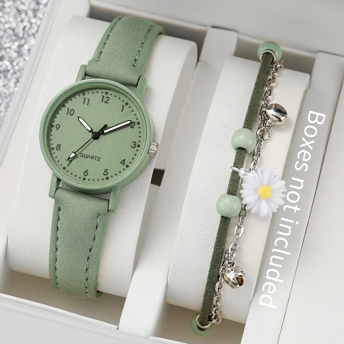 2Pcs/Set Fashion Women Girls Green Leather Strap Flower Quartz Watch & Flower Bracelet Set