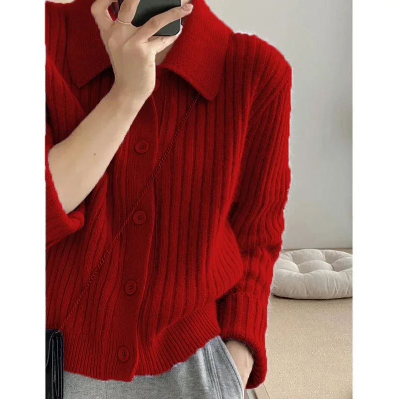 Korean Woman Long Sleeve Soft Cardigans Blouses Turn Down Knit Cardigan Women Autumn Winter Button Up Solid Color Sweater Coats