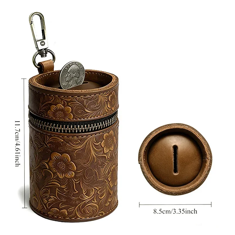 Leather Coin Bank,  Fits in Car Cup Holders，Can Be Used as a Coin Purse, Coin Storage Box, Money Clip, or Zipper Pouch