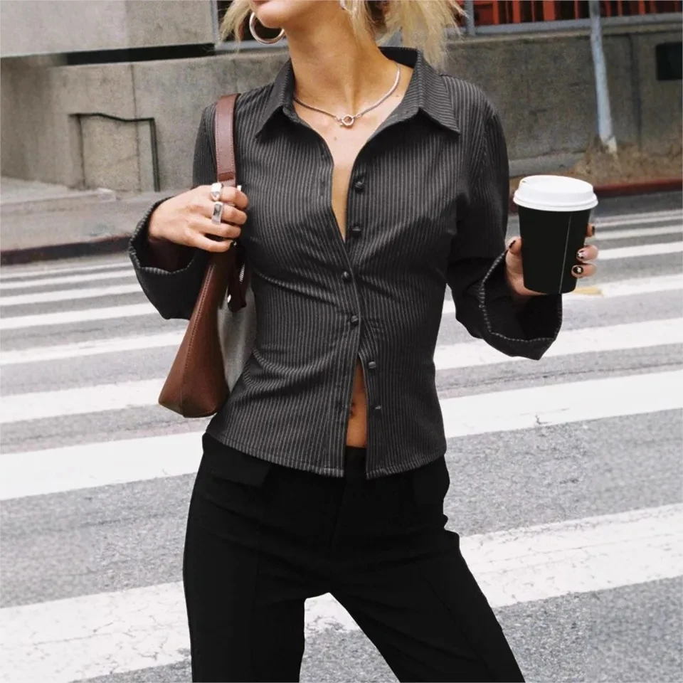 

Spring Autumn New Lapel Single-breasted Cardigan Long-sleeved Shirt Women Fashion Striped Slimming Versatile Office Woman Shirt