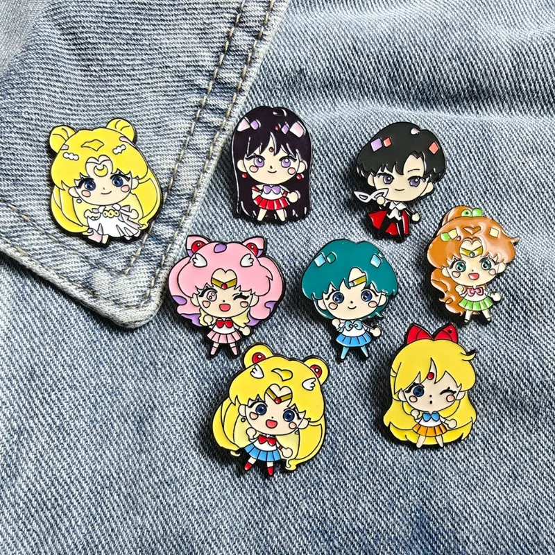 8pcs Cute Classic Anime Girl Warrior Series Broochs Water Ice Moon Rabbit Badges Clothes Student Backpack Decoration Accessories