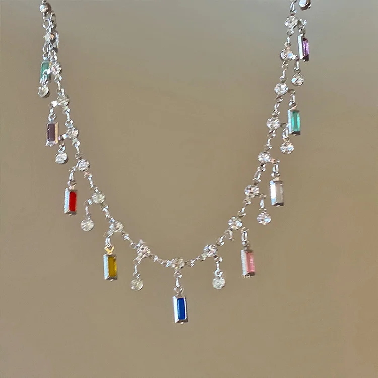 Luxury Colorful Zircon Square Shiny Choker Necklaces for Women Exquisite Crystal Short Sexy Chain Wedding Bride Jewelry Gift