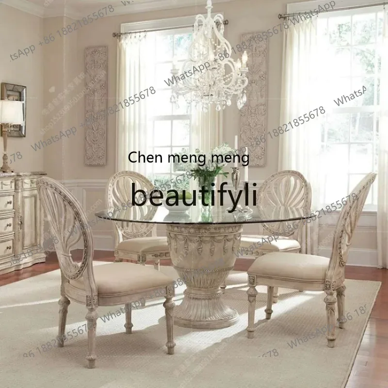 S7486 ss American Style Solid Wood Dining Chair Home Fabric Hollow Vintage Carved Adult Leisure Book Chair Round Back Villa