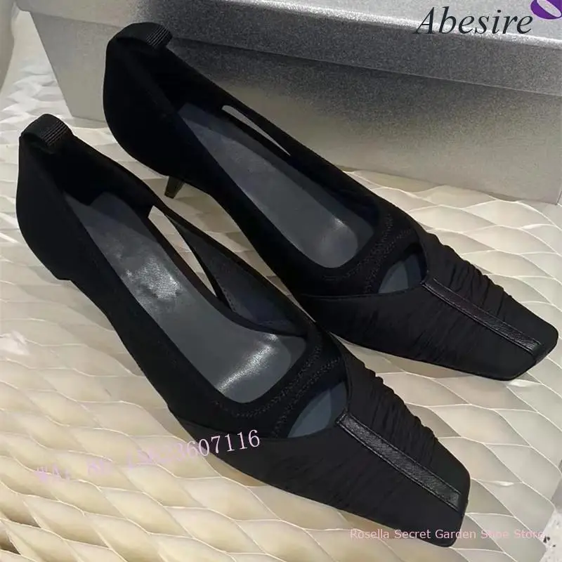 New Stiletto Heel Hollow Design Color Matching Pleated Square Toe Shallow Mouth Women\'s High Heel Single Shoes Mid Heel Retro