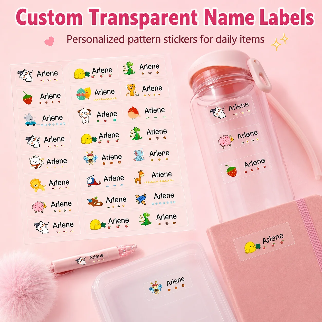 Custom name stickers—transparent, personalized labels featuring cartoon designs, perfect for cups and office storage containers.