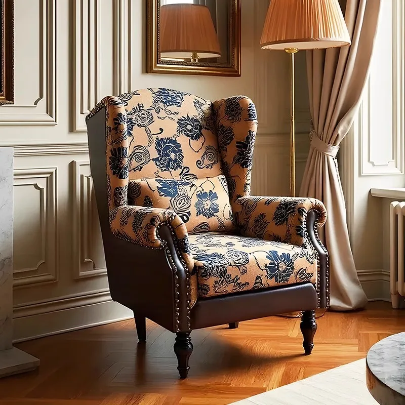 French retro-style flower tiger chair, fabric leather splicing leisure chair, American living room high back