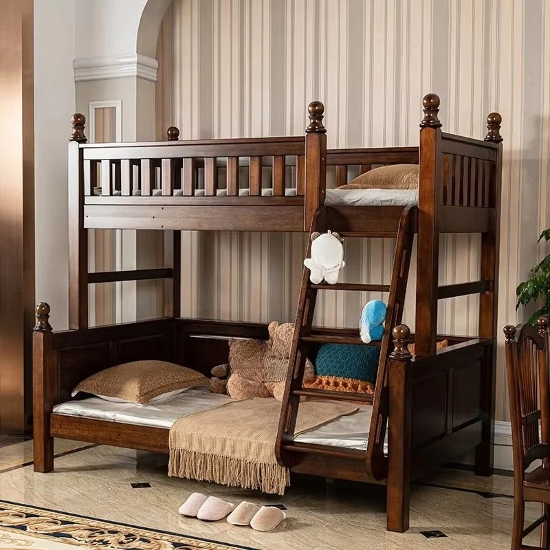 High-End American Villa Full Solid Wood Bunk Bed - Multifunctional Kids' Loft Bed for Mother & Child