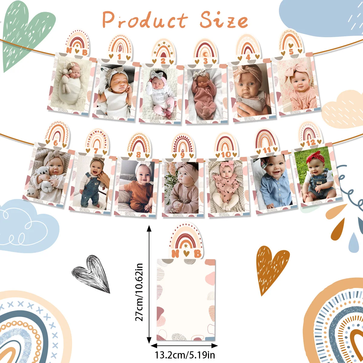 Rainbow First Birthday Photo Supplies Baby Boho Monthly Milestone Photo Banner Newborn to 12 Months for Bohemian Birthday Party