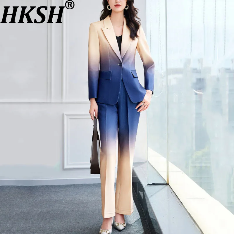 

HKSH Autumn New Women Chic Blazer Gradient Color Slim Fit Single Button Office Lady Style Coat Elegant Stylish Suit Pants HK9794