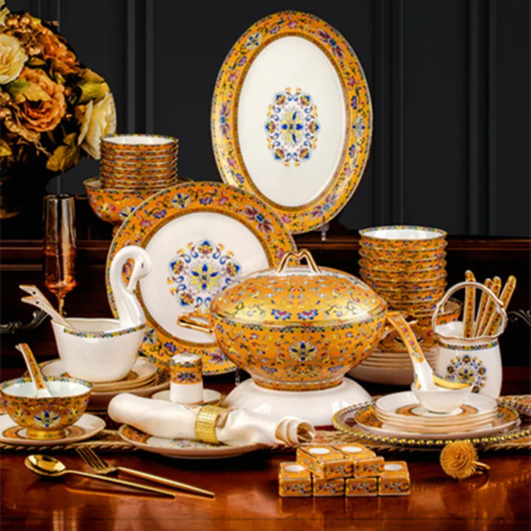 STLFChinese Style 80pcs Cookware Gold Enamel Series Tableware Set Bone China Bowls and Plates Porcelain Dinner Set