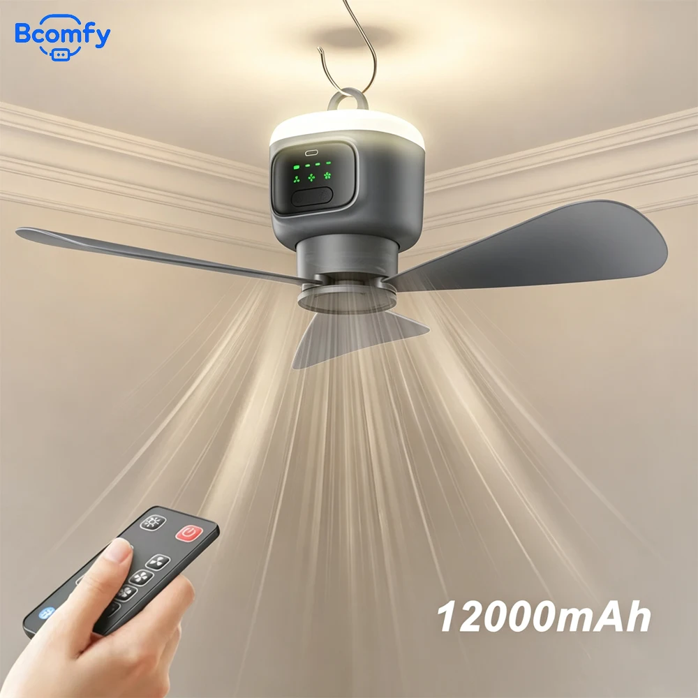Ceiling Fan 12000mAh Portable Wireless Camping Tent Ceiling Fan 3 Speed Air Cooler LED Light Remote Control Hanging Fan