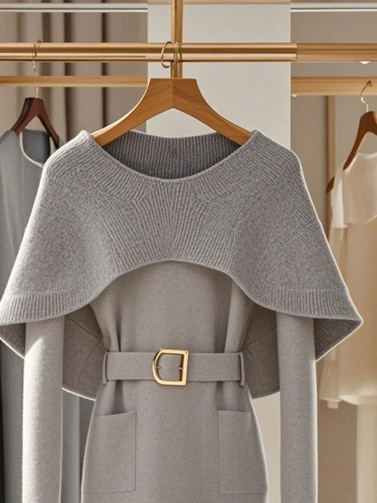 2024 Retro Soft Knitted Sweater For Women Autumn Winter Gray Cape Sweater Elegant Commuting Pullover Top Loose Casual Outerwear