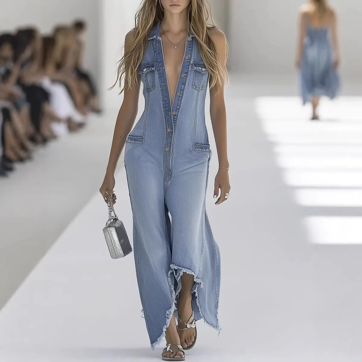 

Новый модный женский джинсовый комбинезон 2026 года, светло-голубой, с глубоким V-образным вырезом, на одной пуговице, свободные широкие брюки с бахромой, повседневные брюки