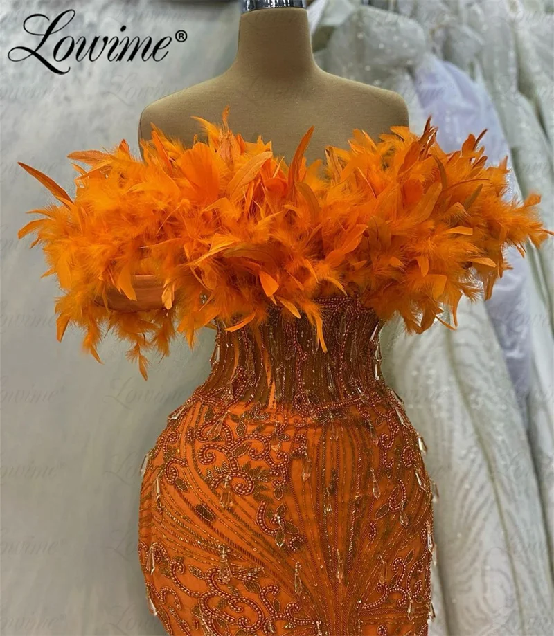 Orange Arabic Evening Dress Feather Mermaid Beads Crystal Party Gown Robe Soirée 2023 Off Shoulder Long Haute Couture Prom Dress