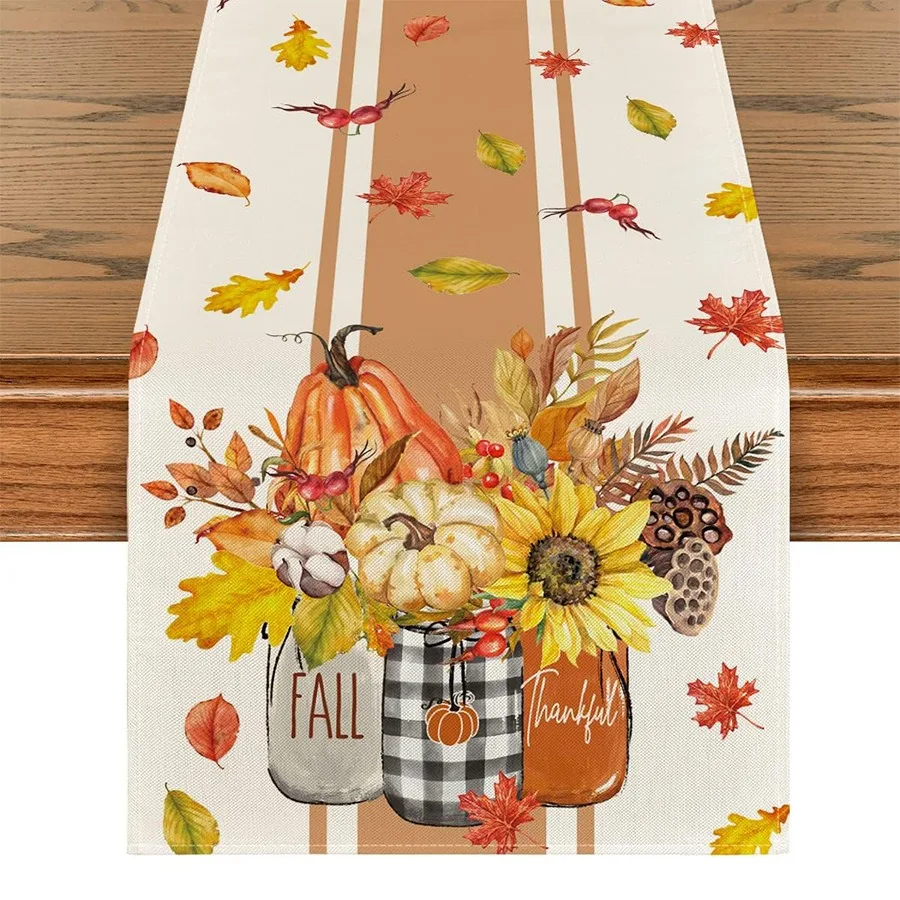 

Autumn Fall Table Runner Watercolor Pumpkin Sunflower Maple Leaves Table Cover for Thanksgiving Dinner Dining Room Home Decor