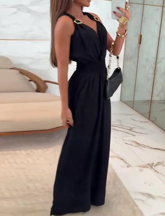 

Plunge V Neck Thick Strap Jumpsuit with Metal Button Decor Casual Waist Shirred Wide Leg Romper for Women