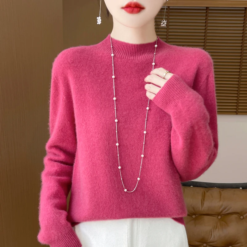 Classic Seamless pullover Women\'s Australian Pure Wool Sweater Half High Collar Long Sleeve Casual Basic Knitted Warm Loose top