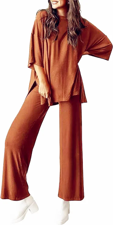 Women Casual Set Short Sleeve Crewneck Top Wide Leg Pants For Track Field Sets Summer Spring Autumn