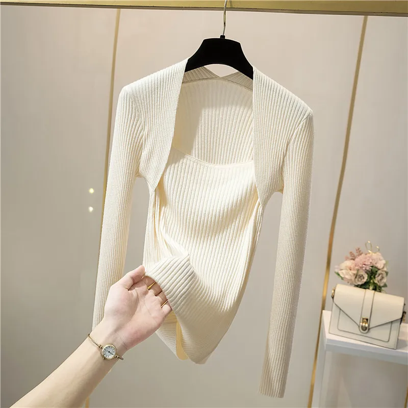 Fake Two-Piece Ribbed Knit Long Sleeve Crop Top for Women Pullovers Plain Sweater Jumper Teen-girl Fall Winter Basic Outfit