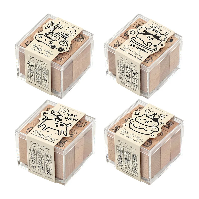 9pcs/1box Original wood color cartoon cute carved wooden rubber seal hand tent DIY decoration hand made Collage material