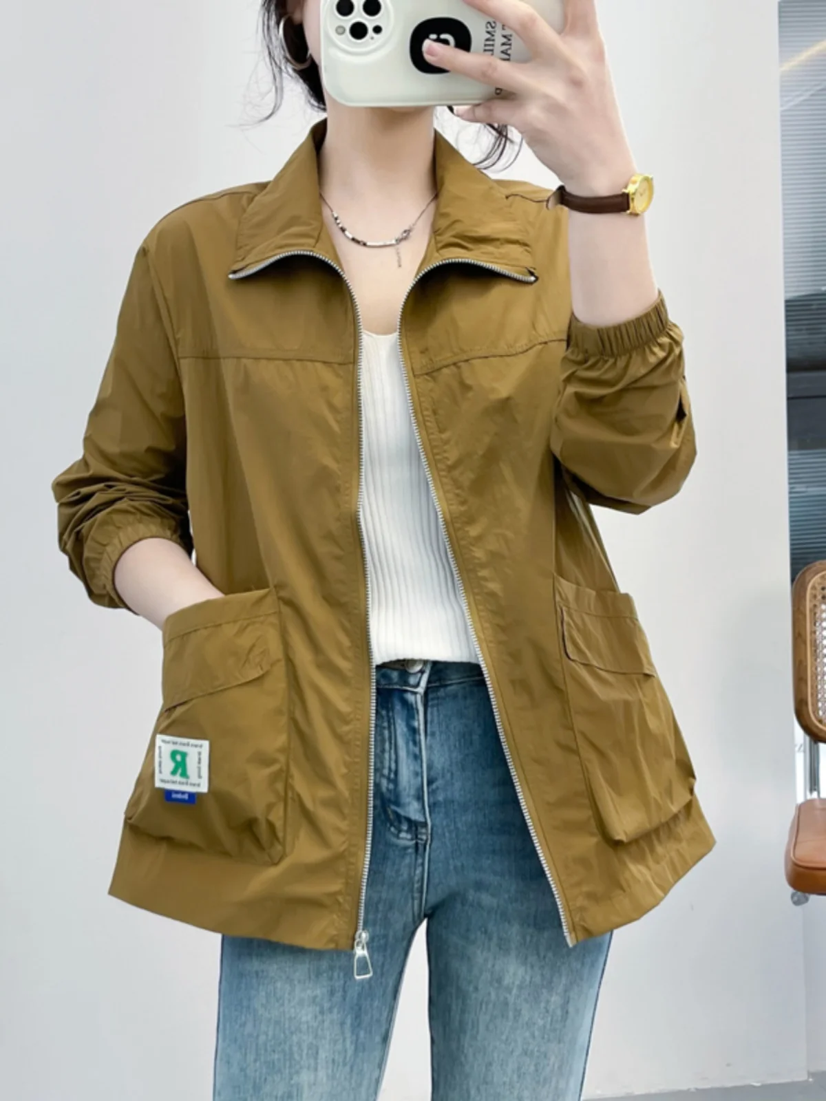 

Summer Thin Women's Casual Loose Long Sve ort Coat Sun Protection Jaet Mom's Sle Zipper Closure Polyester Fiber