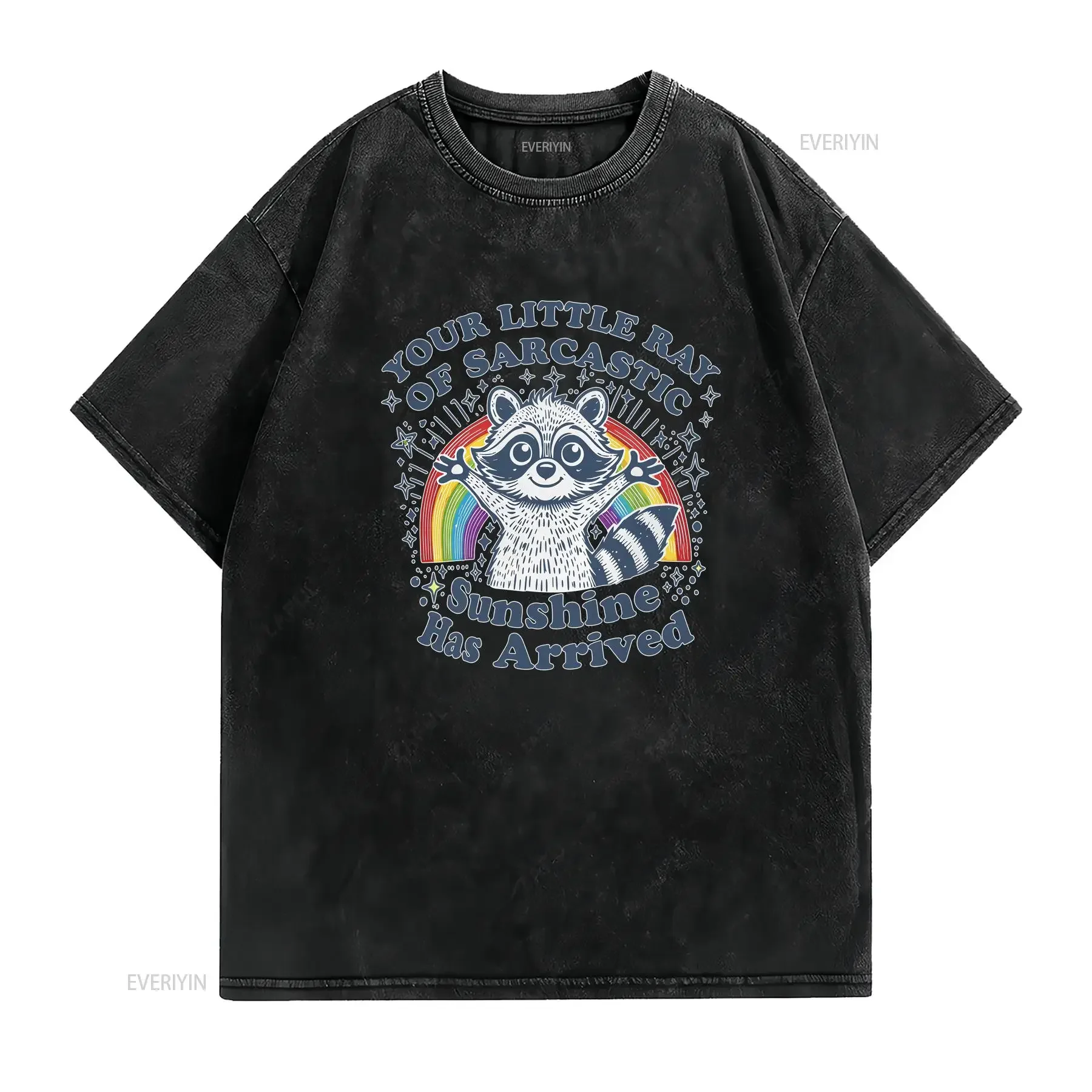Funny Raccoon T Shirt Your Little Ray Of Sarcastic Sunshine Has Arrived Rainbow Humor For Men And Women vintage Washed fashion