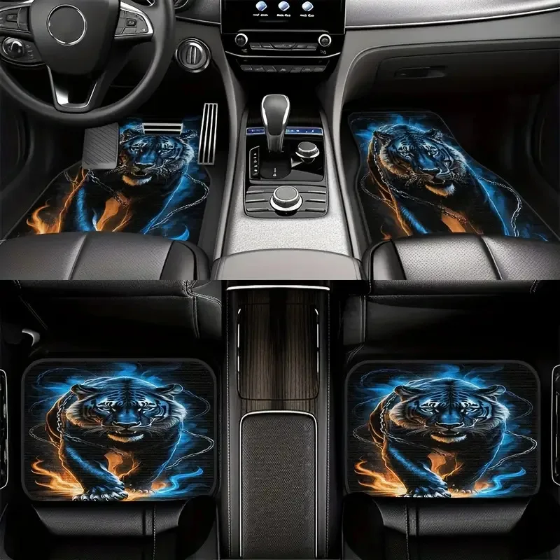 

4pcs Flame& Black/ Tiger Print Floor Mats- Fit All-Weather Luxury Interior Accessories With& Orange Flame Design, Full Set(Drive