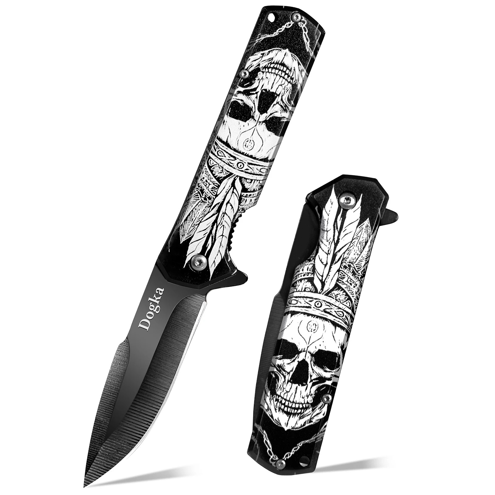 Folding Pocket Knife with Trendy Skull and Feather Print, a Portable Multi-Functional Cutting Tool for Outdoor Camping Fruit Cutting, Fishing Line Trimming, Hiking Package Unboxing and Picnic Food Prep