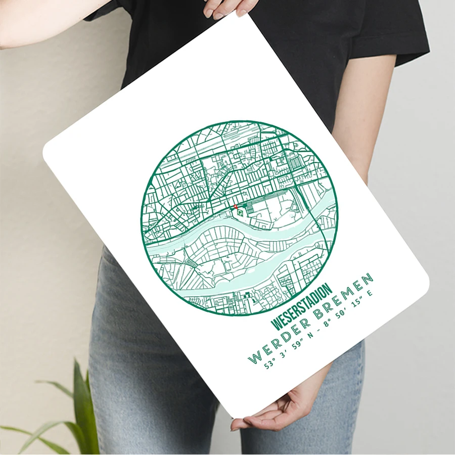 لوحة فنية جدارية معدنية مخصصة من Weserstadium Werder Bremen هدية مروحة خريطة المدينة ديكور 53 ° 3'59"ن