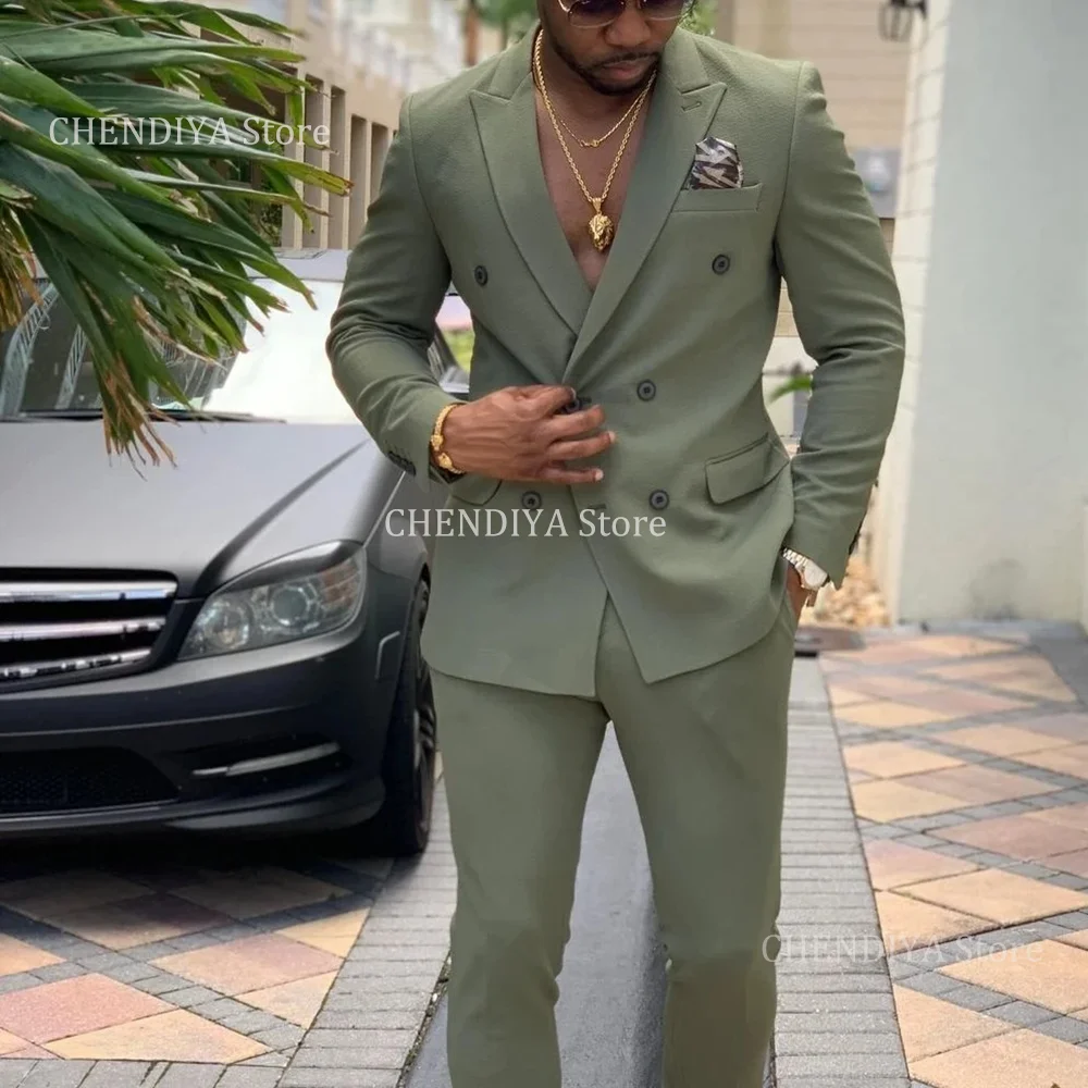 

Fashion Slim Fit Men's Suits 2 Pieces Elegant Double Breasted Peak Lapel Prom Formal Evening Party Costume Homme Jacket+Pant