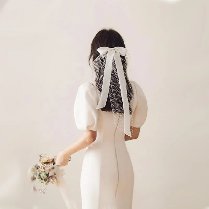 

V664 Factory Wholesale Forest-Style Retro Super Fairy White Satin Ribbon Bow Bridal Veil