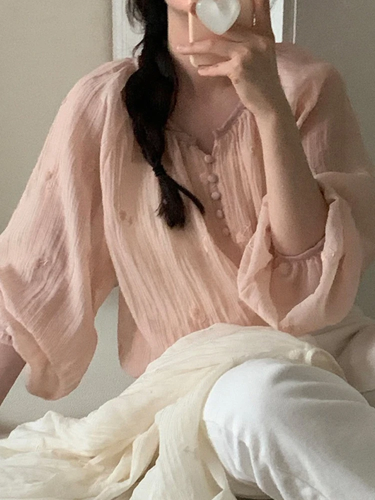 シックな甘い花柄刺繍ルーズ長袖レディースシフォンシャツ韓国風ランタンスリーブカジュアルオフィスウェア