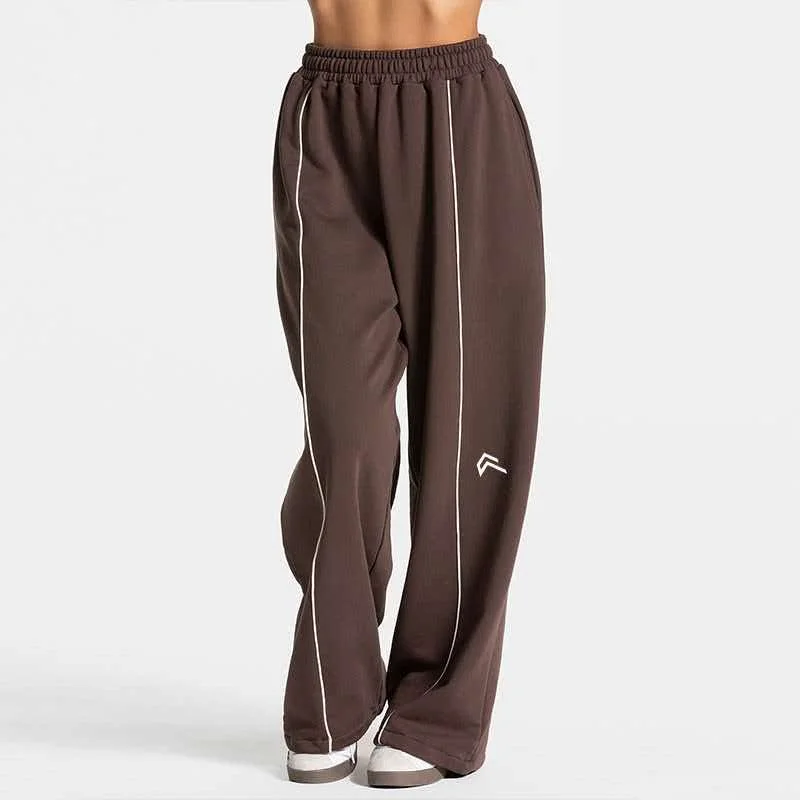 1DF Color Contrast Wide-leg Jogging Pants Women's Running Pants Cotton Mid-waist Casual Loose Sports Yoga Pants with Rear Pocket