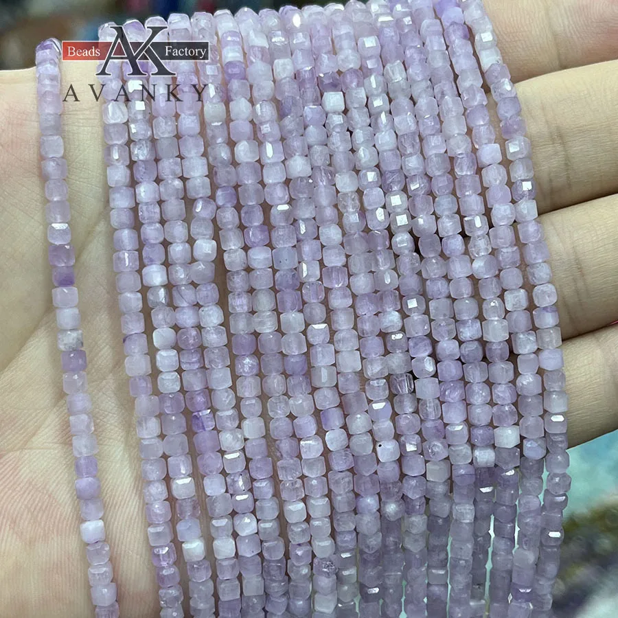 

Natural Crystal Kunzite Handmade Faceted Cube Stone Loose Beads For DIY Jewelry Making Bracelet Necklace 15“ 3mm