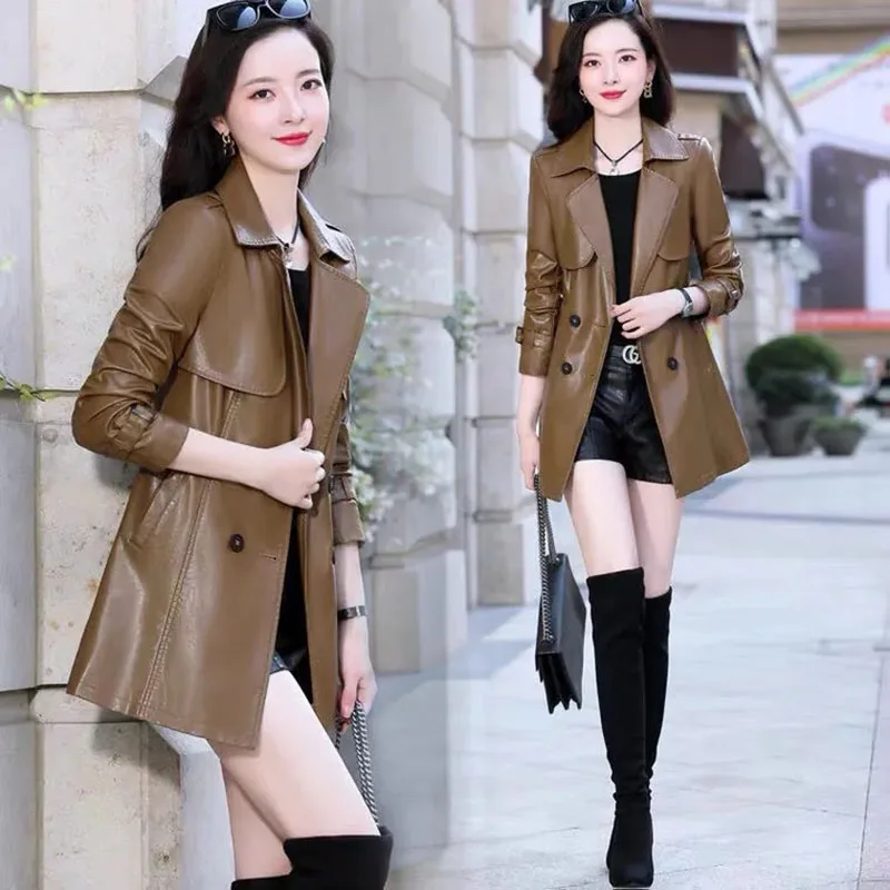 Female Leather Jacket Autumn Winter New Korean Version Medium Long Windbreaker Slim Fit Locomotive Leather Coats Women's Top