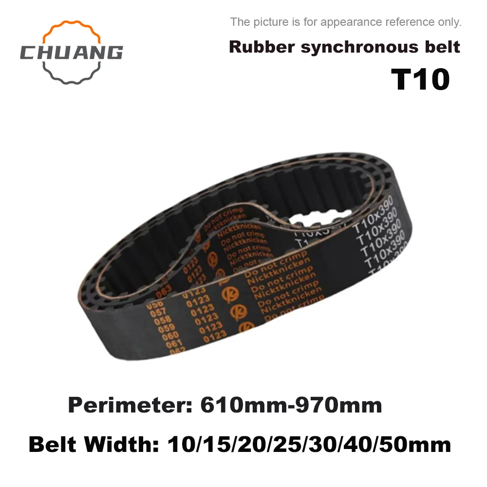 

circumference: 610mm-970mm T10 Timing belt bandwidth: 10/15/20/25/30/40/50mm T10 rubber trapezoidal toothed synchronous belt