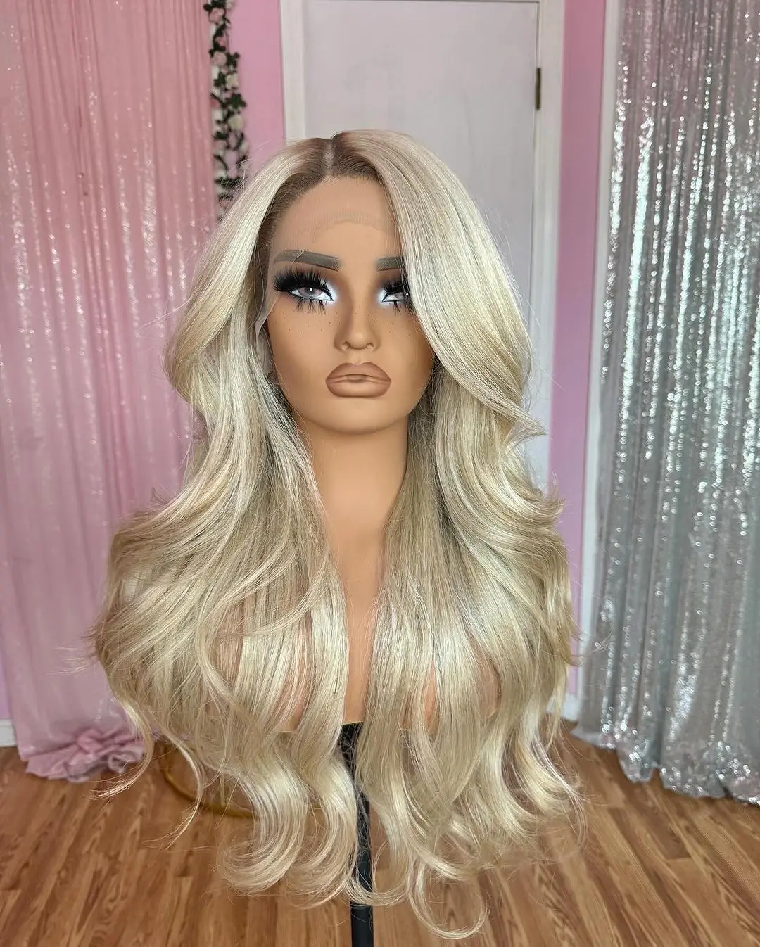 Ombre Long Slight Wavy Synthetic Hair Black Women Lace Front Wigs Light Platinum Blonde 26Inch Transparent Lace Wigs Easy Wear