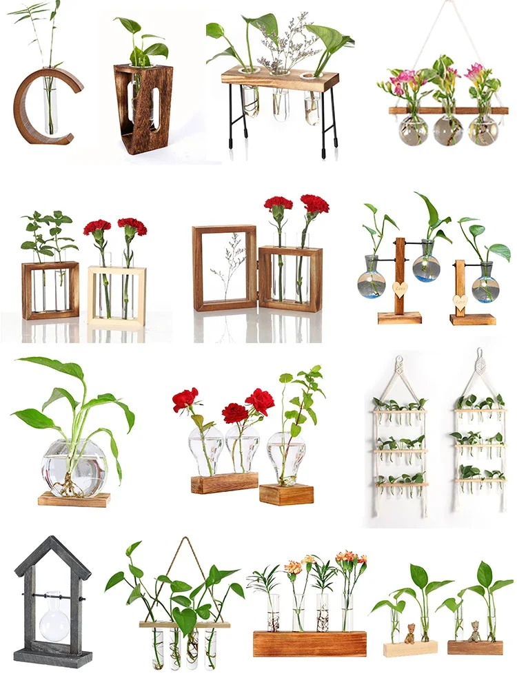 

Wall Hanging Glass Planter Ins Terrarium Flower Bud Vase with Wooden Test Tube Holder Home Office Garden Wedding Decoration